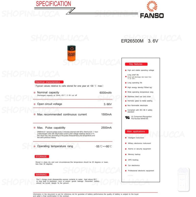 Fanso ER26500M Batteria Pila Litio Li-SOCl2 3,6v 6000mAh 2,5A di scarico - immagine 2