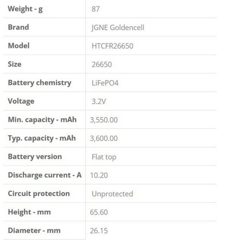 Batteria 26650 Pila Ricaricabile JGNE LiFePo4 3600mah 3,2v 10,2A di scarico con lamelle a saldare - immagine 2
