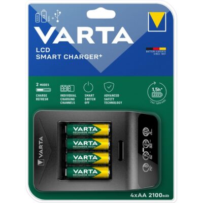Caricabatterie VARTA LCD Smart Charger+ con 4 pile Stilo AA 2100mAh NiMH 1,2v