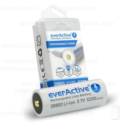 Batteria Pila 26650 Litio 3,7v 5200mAh scarico 12A Ricaricabile anche con USB Polo Rialzato e con Circuito di Protezione
