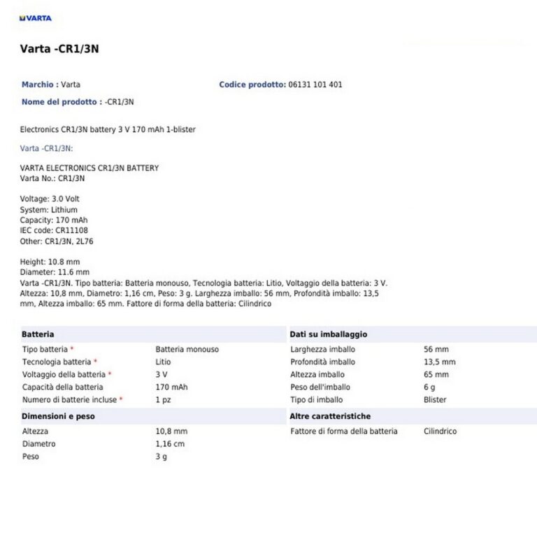 PILA LITIO VARTA CR1/3N BATTERIA LITHIUM 3V Germany Brand - immagine 2