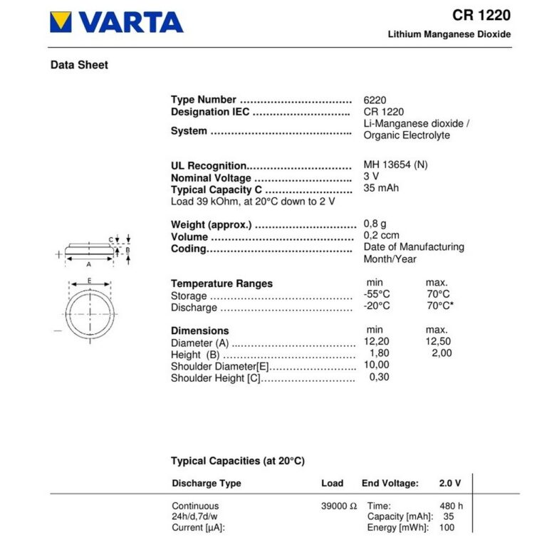 PILA LITIO VARTA CR1220 3V BATTERIA Bottone LITHIUM EXTRA Germany Brand - immagine 2