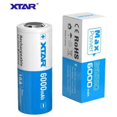 Batteria Pila Ricaricabile XTAR 26650 Litio 3,6v 6000mAh scarico 10A Polo Rialzato e con Circuito di Protezione