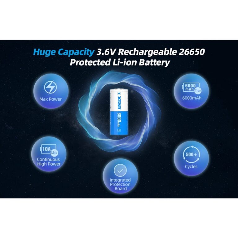 Batteria Pila Ricaricabile XTAR 26650 Litio 3,6v 6000mAh scarico 10A Polo Rialzato e con Circuito di Protezione - immagine 3